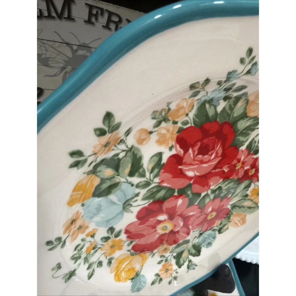 Pioneer Woman Vintage Floral Set 8 Salad Plates Teal Trim Stoneware Red Rose 8.5